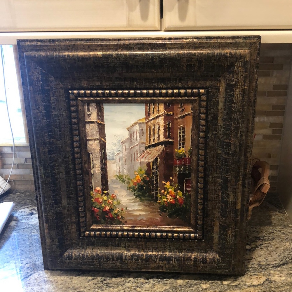 Painting, brownish goldframe. Colors are green with shades of orange and peach.